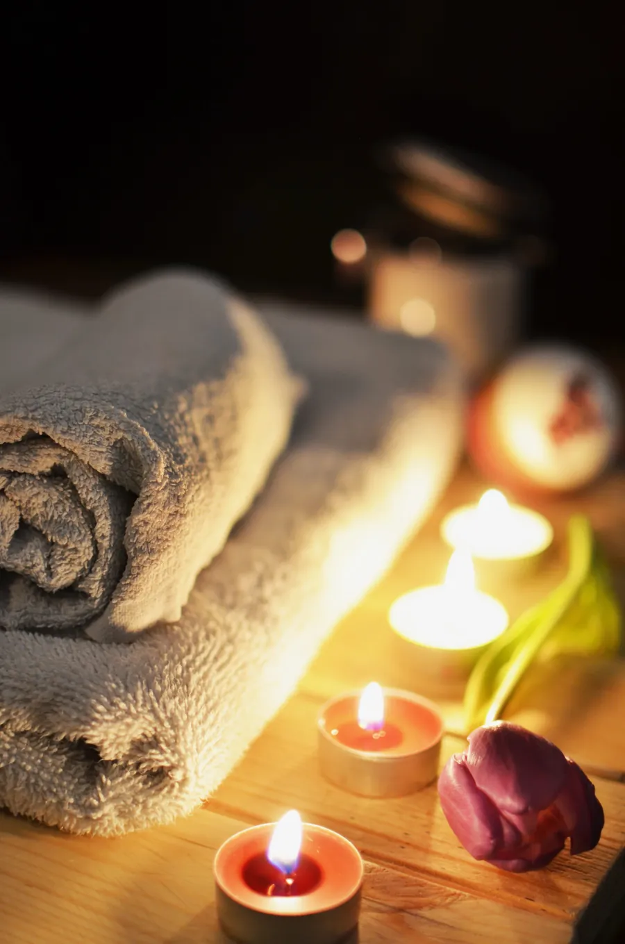 Close up relaxation massage setting with candles